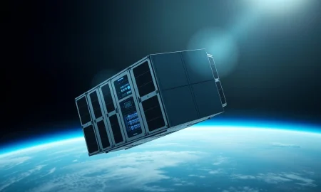 A photorealistic orbital data center module in space with solar panels and Earth in the background.