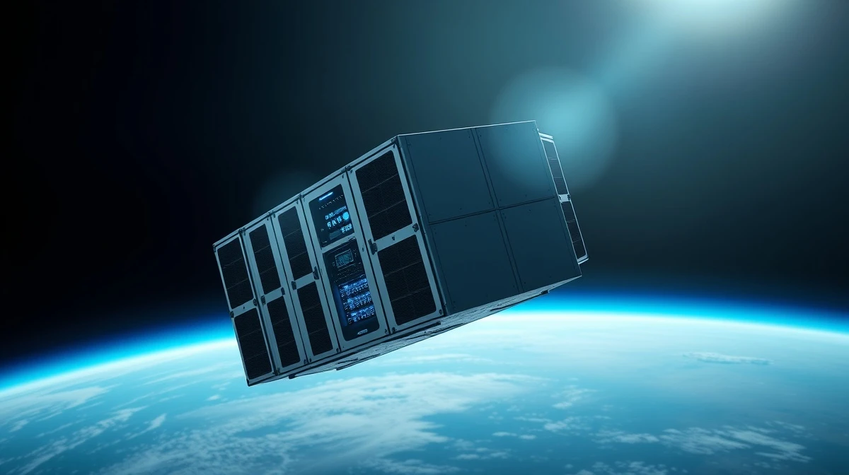 A photorealistic orbital data center module in space with solar panels and Earth in the background.