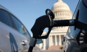 Fuel pump nozzle at a gas station with the U.S. Capitol building in the background