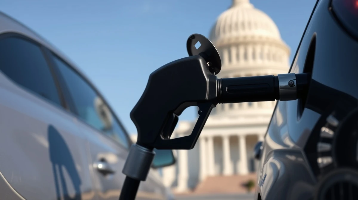 Fuel pump nozzle at a gas station with the U.S. Capitol building in the background