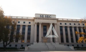 SEC headquarters building in Washington D.C. with a subtle Cardano symbol reflection on glass