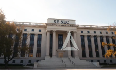 SEC headquarters building in Washington D.C. with a subtle Cardano symbol reflection on glass