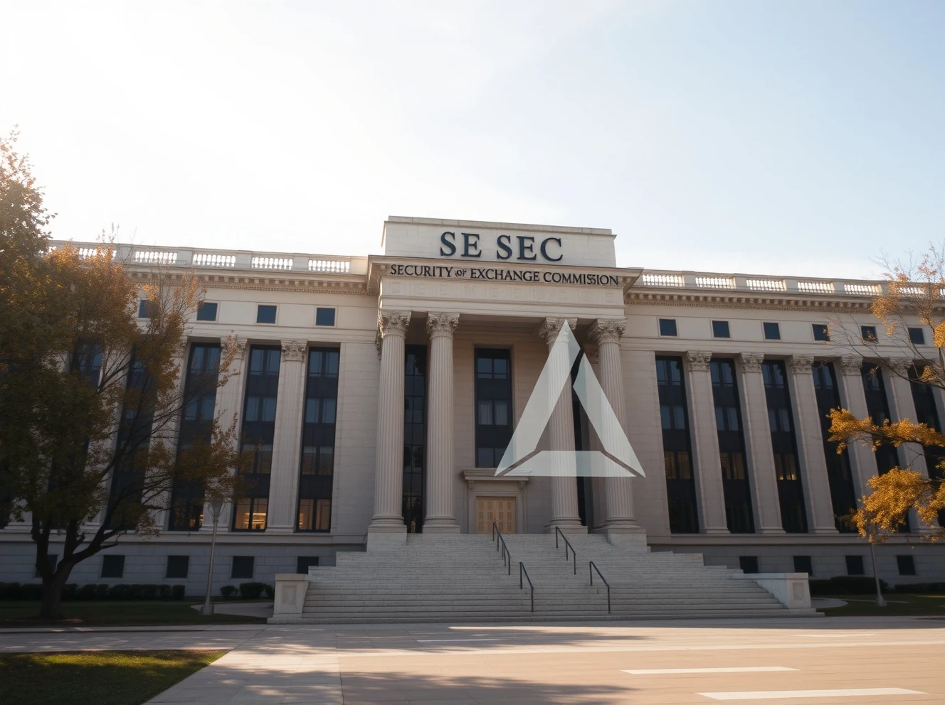 SEC headquarters building in Washington D.C. with a subtle Cardano symbol reflection on glass