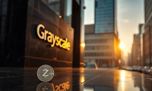 Grayscale building facade with a Zcash coin in the foreground, representing the first spot privacy coin ETF filing.