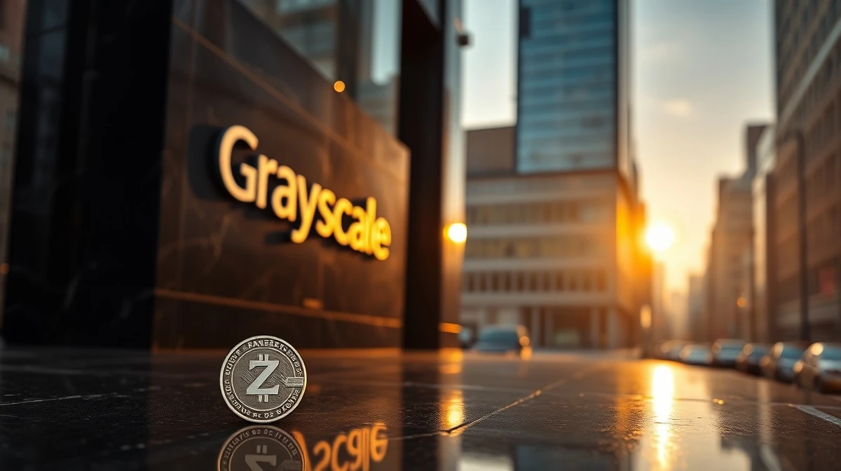 Grayscale building facade with a Zcash coin in the foreground, representing the first spot privacy coin ETF filing.