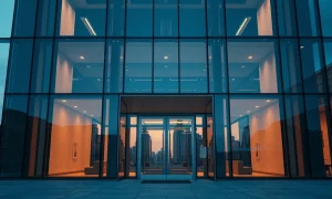 Modern office building at dusk with digital network overlays representing institutional crypto investment