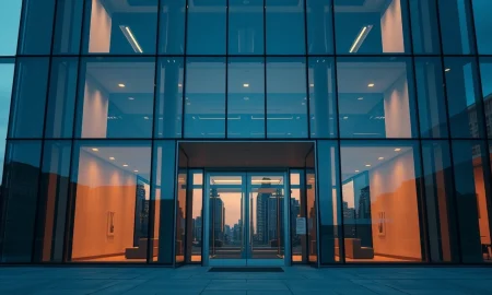 Modern office building at dusk with digital network overlays representing institutional crypto investment