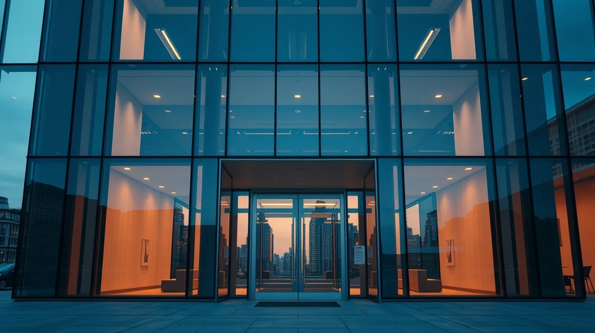 Modern office building at dusk with digital network overlays representing institutional crypto investment