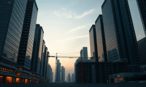 Aerial view of Gulf financial district with halted construction at dusk, symbolizing economic slowdown