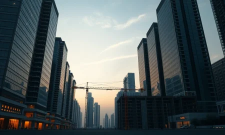 Aerial view of Gulf financial district with halted construction at dusk, symbolizing economic slowdown