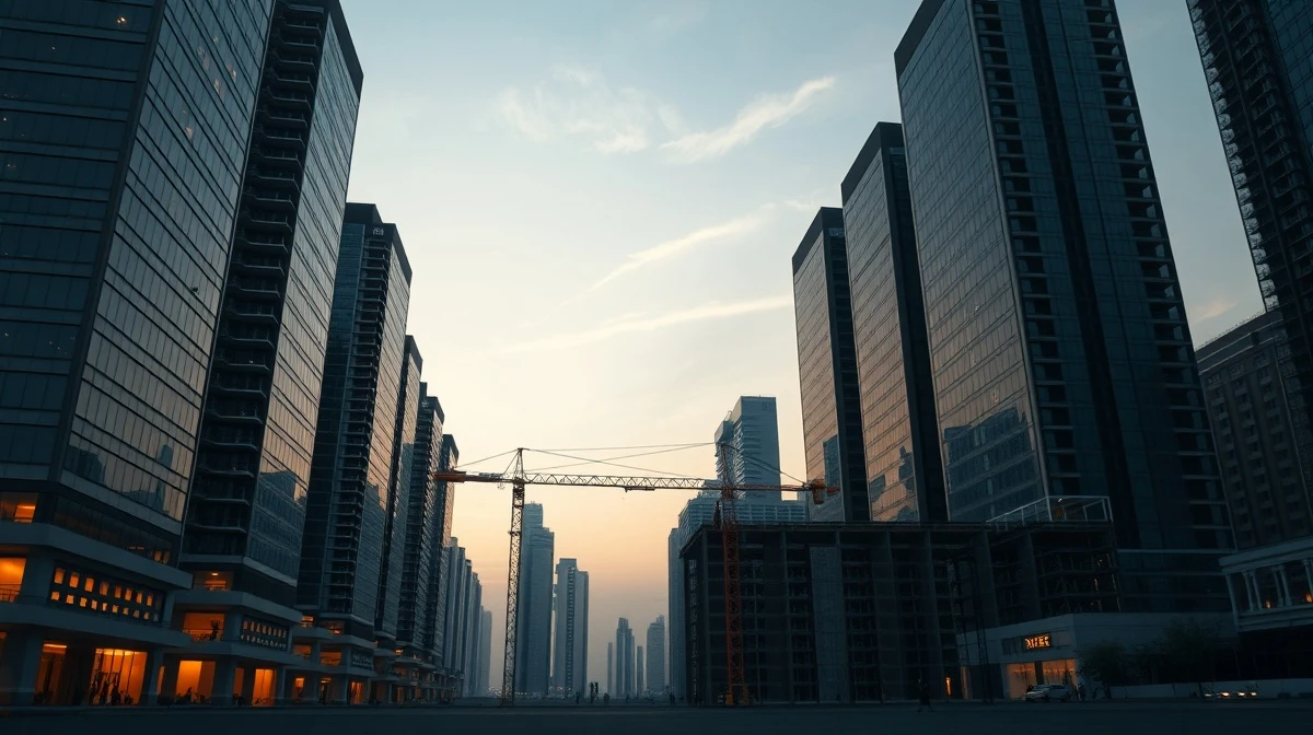 Aerial view of Gulf financial district with halted construction at dusk, symbolizing economic slowdown