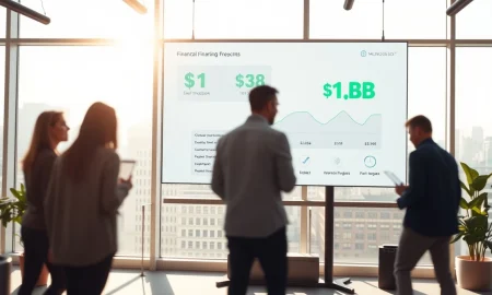 Modern office with digital display showing Gusto's $1 billion revenue milestone