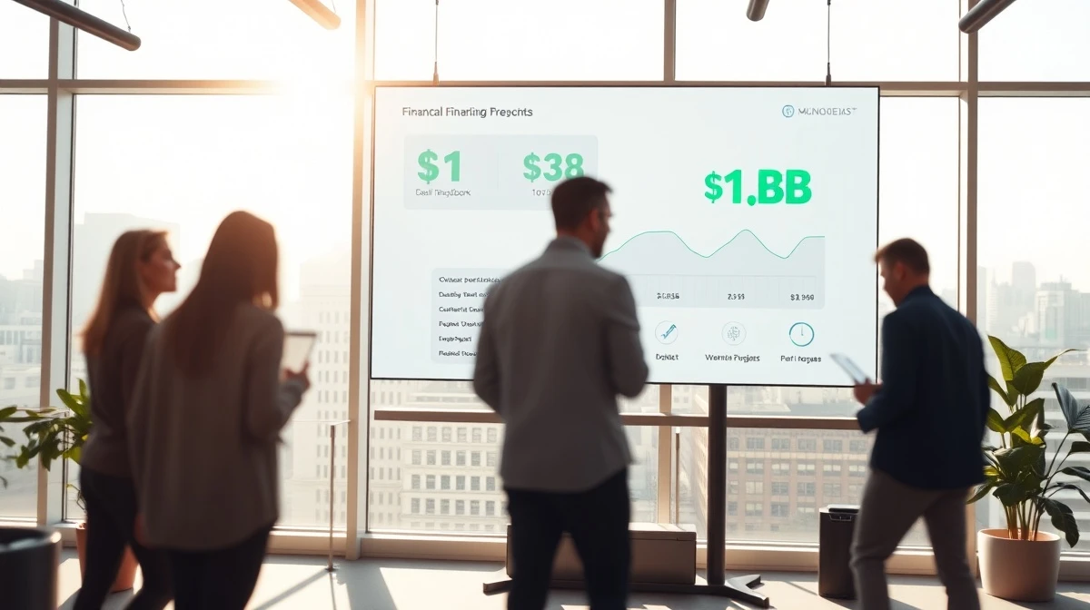 Modern office with digital display showing Gusto's $1 billion revenue milestone