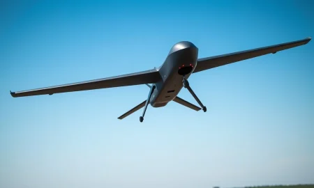 Helsing military drone in flight over a European test range under a clear sky