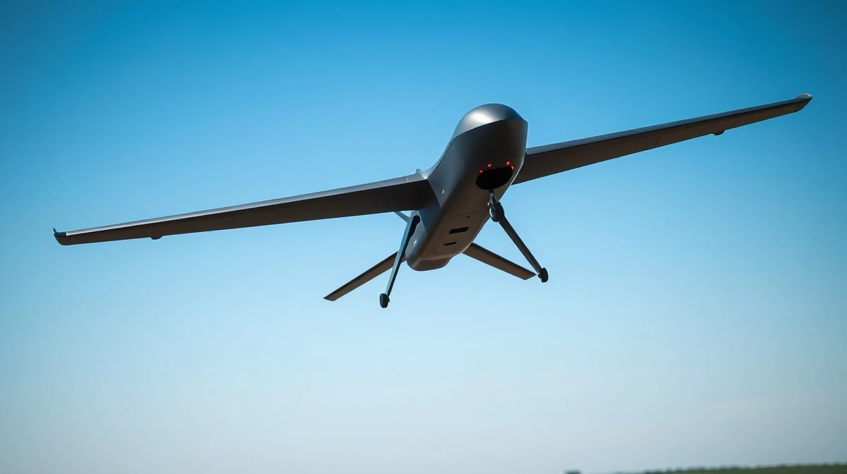 Helsing military drone in flight over a European test range under a clear sky