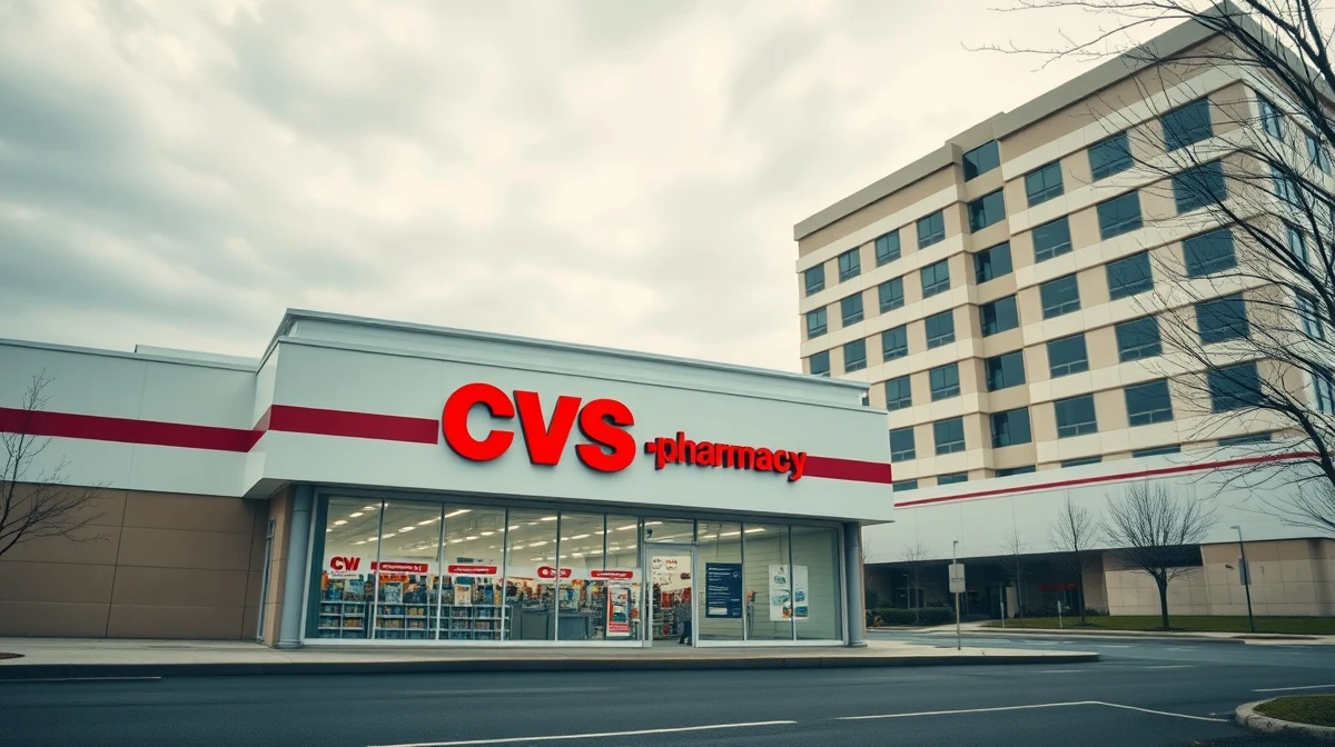 Exterior of a CVS pharmacy with a hospital building in the background under overcast sky