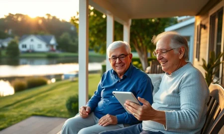 Retired couple reviewing finances on a porch overlooking a lake, representing retirement planning