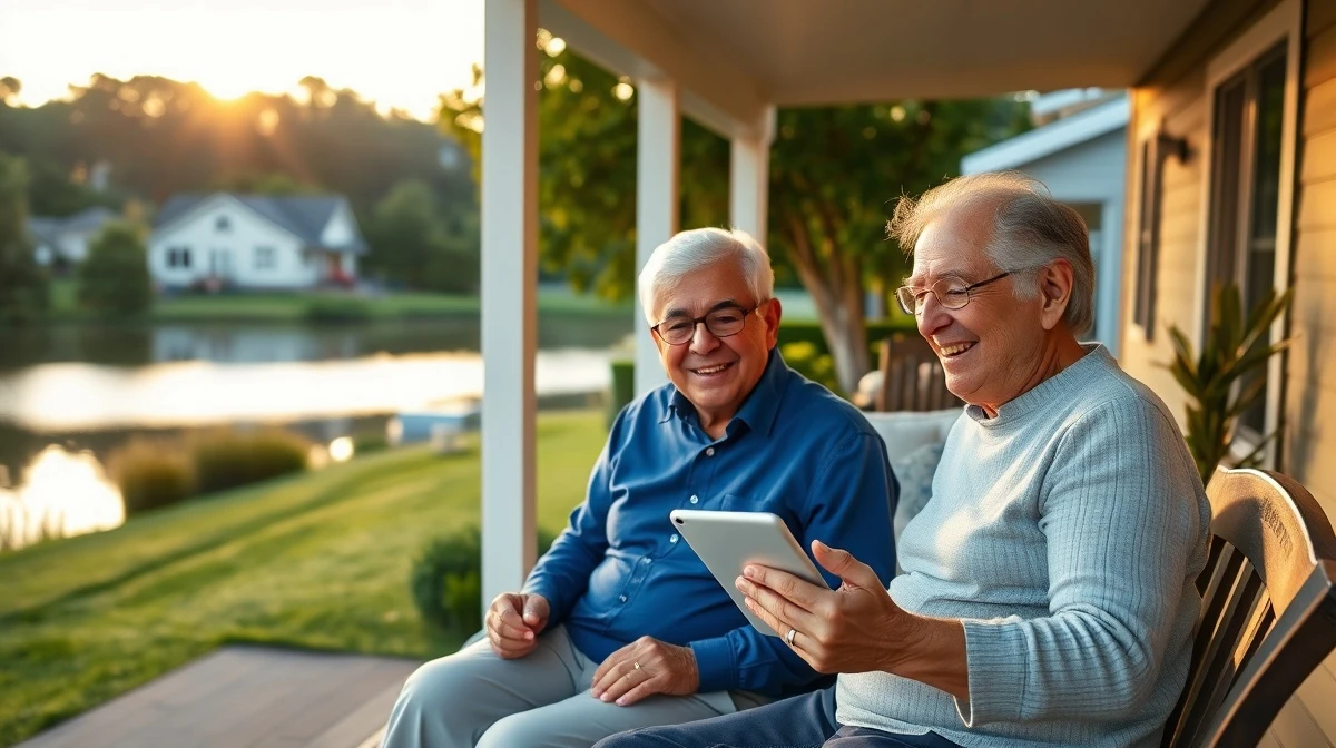 Retired couple reviewing finances on a porch overlooking a lake, representing retirement planning