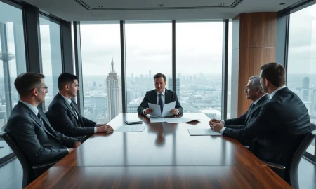 Bank executives in a meeting room discussing climate risk disclosure documents