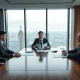 Bank executives in a meeting room discussing climate risk disclosure documents