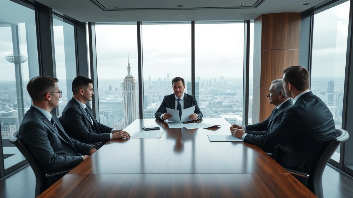 Bank executives in a meeting room discussing climate risk disclosure documents