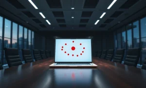 A laptop displaying a network diagram with a red warning node in an empty, dimly lit boardroom.