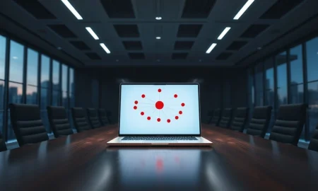 A laptop displaying a network diagram with a red warning node in an empty, dimly lit boardroom.