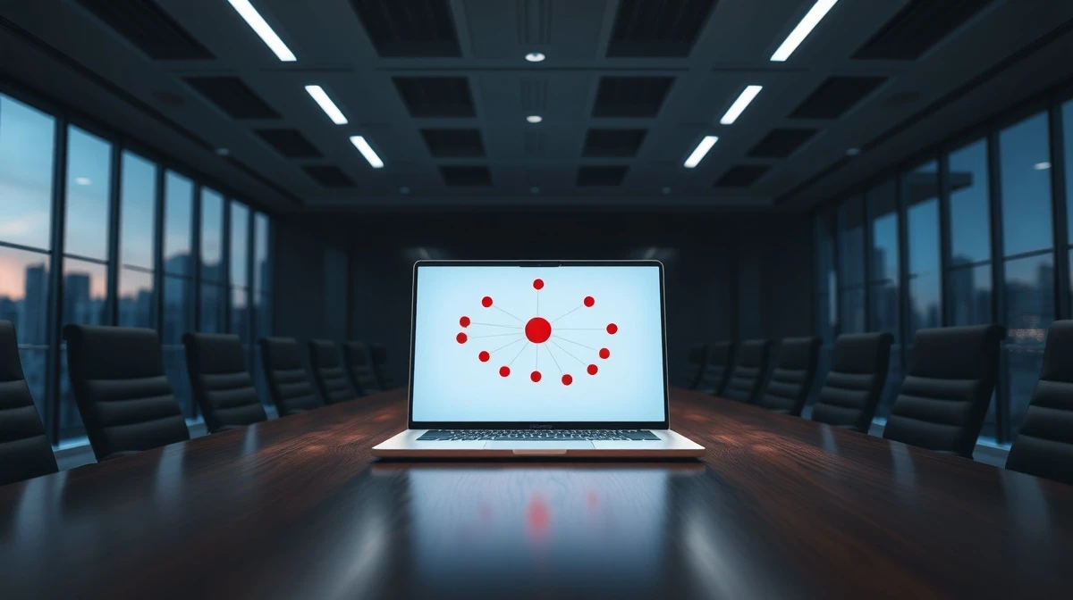 A laptop displaying a network diagram with a red warning node in an empty, dimly lit boardroom.