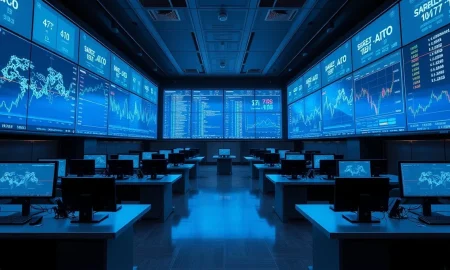 Modern financial trading floor with AI neural network patterns displayed on large screens, illustrating systemic risk.
