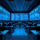 Modern financial trading floor with AI neural network patterns displayed on large screens, illustrating systemic risk.