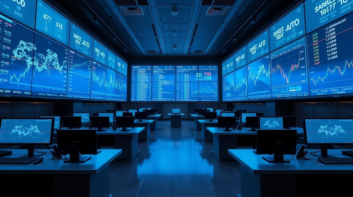 Modern financial trading floor with AI neural network patterns displayed on large screens, illustrating systemic risk.