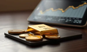 Gold bars and coins with a financial chart in the background representing sustained ETF inflows