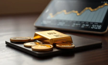 Gold bars and coins with a financial chart in the background representing sustained ETF inflows