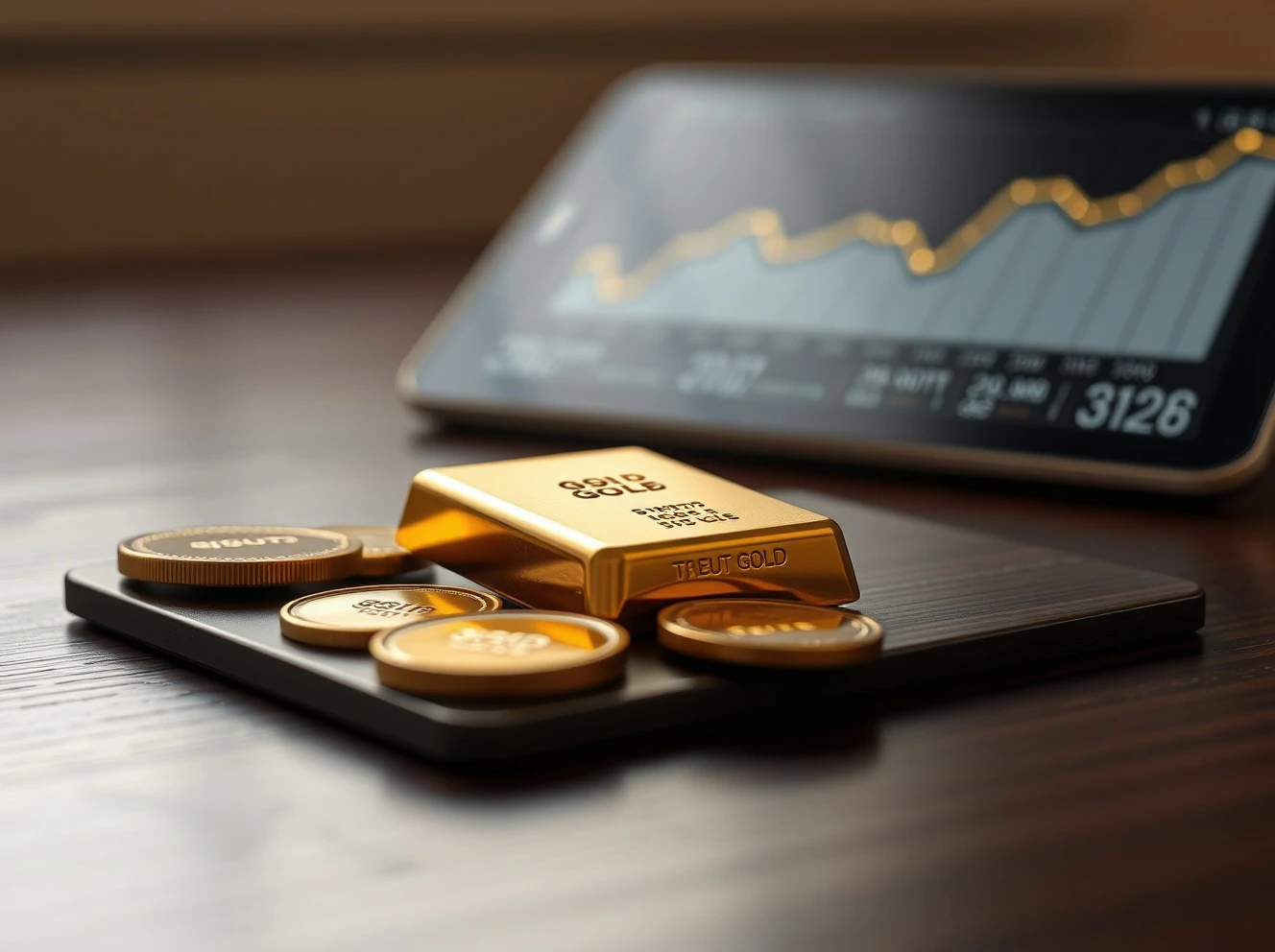 Gold bars and coins with a financial chart in the background representing sustained ETF inflows