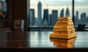 Stack of gold bars on a wooden surface in a trading room, representing steady gold prices in India today.