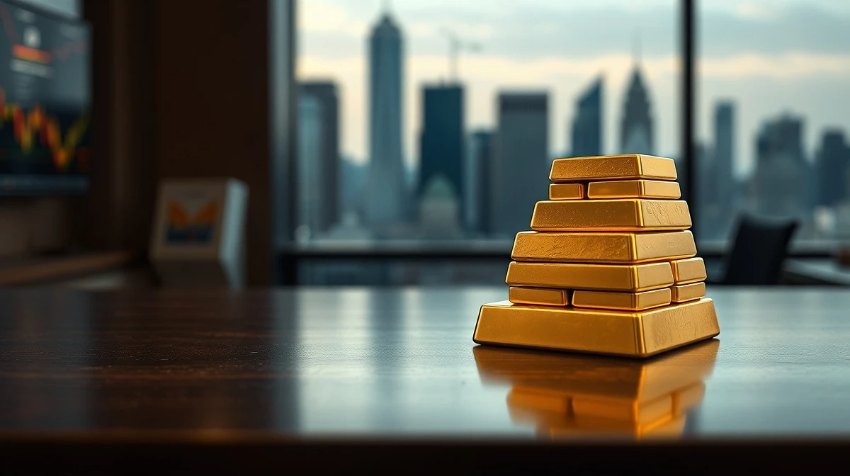 Stack of gold bars on a wooden surface in a trading room, representing steady gold prices in India today.