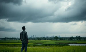 Farmer in flooded paddy field under dark monsoon clouds in rural India, symbolizing economic risks