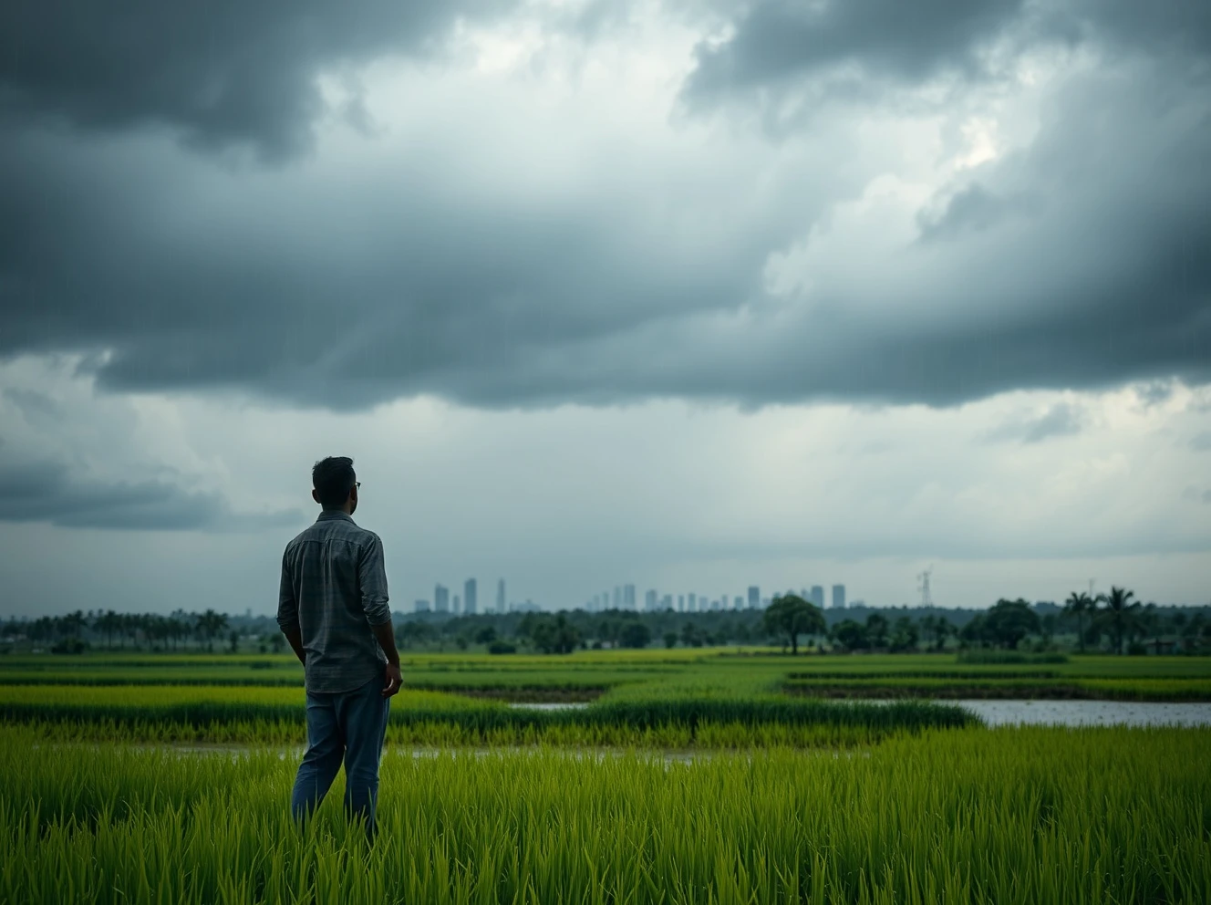 Farmer in flooded paddy field under dark monsoon clouds in rural India, symbolizing economic risks