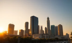 Jakarta skyline at golden hour with modern skyscrapers and Monas monument