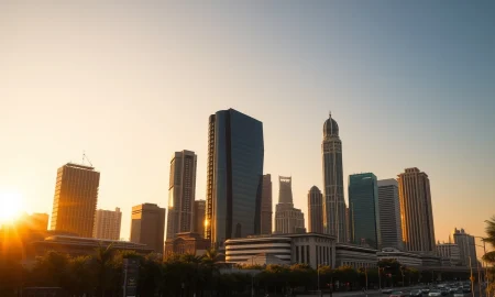 Jakarta skyline at golden hour with modern skyscrapers and Monas monument
