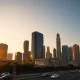 Jakarta skyline at golden hour with modern skyscrapers and Monas monument