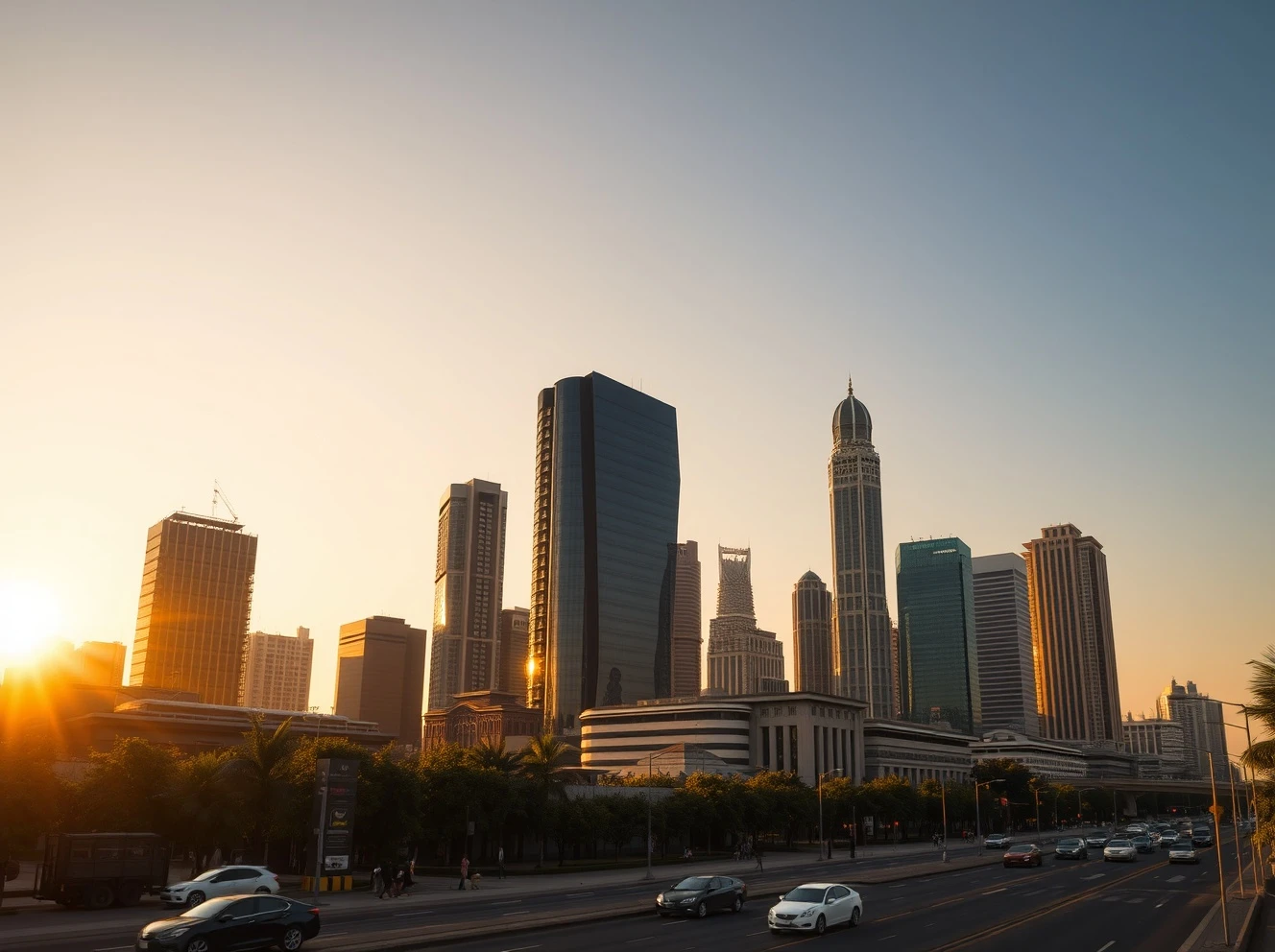 Jakarta skyline at golden hour with modern skyscrapers and Monas monument