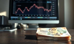 Stack of Indonesian rupiah banknotes on a desk with a financial chart monitor in the background
