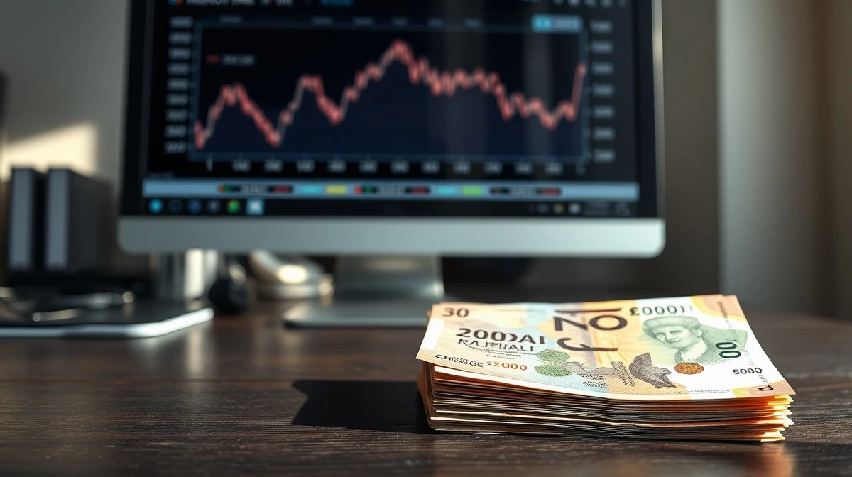 Stack of Indonesian rupiah banknotes on a desk with a financial chart monitor in the background