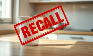 Instant noodle cup on a kitchen counter with a recall stamp overlay