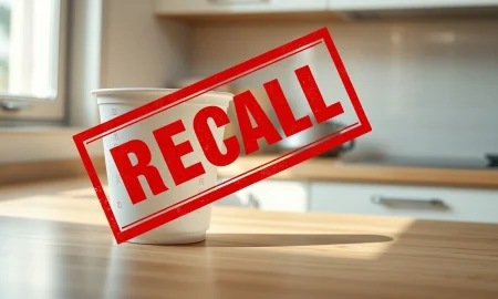 Instant noodle cup on a kitchen counter with a recall stamp overlay