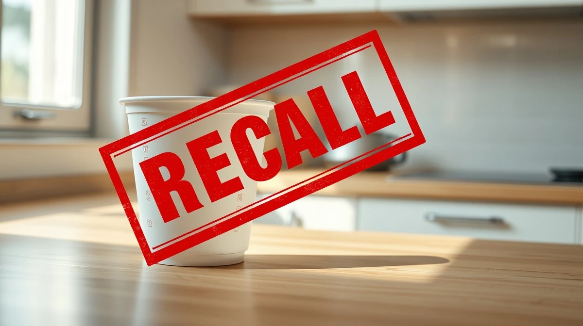Instant noodle cup on a kitchen counter with a recall stamp overlay