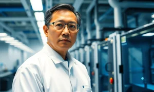 Intel CEO Lip-Bu Tan in a semiconductor cleanroom, looking at chip manufacturing equipment.