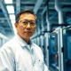 Intel CEO Lip-Bu Tan in a semiconductor cleanroom, looking at chip manufacturing equipment.