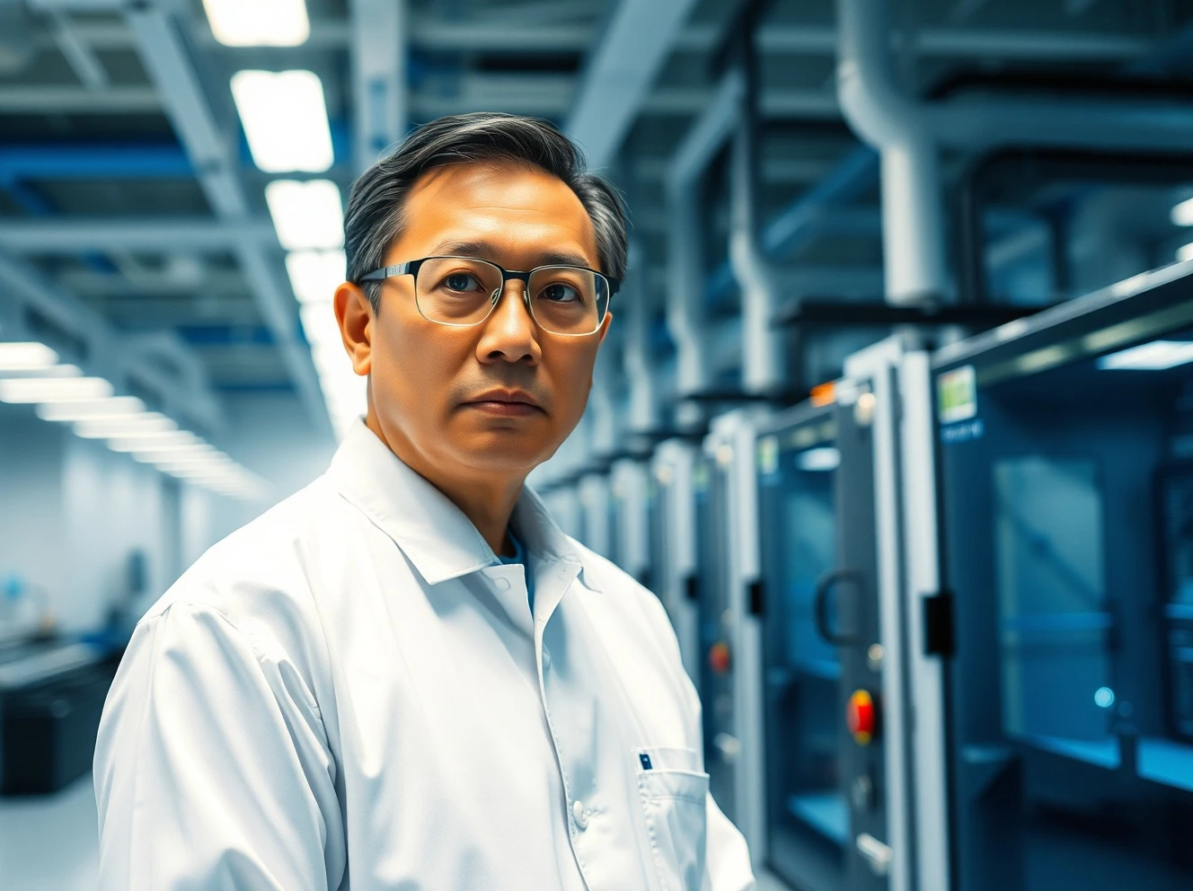 Intel CEO Lip-Bu Tan in a semiconductor cleanroom, looking at chip manufacturing equipment.